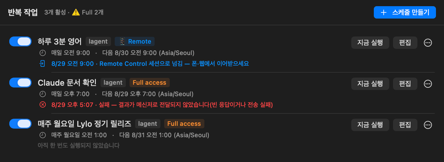 라일로의 반복 작업 목록. 머리에 '반복 작업 3개 활성 · 경고 Full 2개'라고 적혀 있다. 첫 줄 '하루 3분 영어'에는 Remote 배지가 붙어 있고 'Remote Control 세션으로 넘김 — 폰·웹에서 이어받으세요'라고 표시된다. 나머지 두 줄에는 Full access 배지가 붙어 있고, 하나는 실패 사유가 빨간 글씨로 적혀 있다.